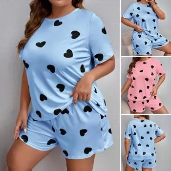 2 шт./компл. женские летние пижамы с мультяшным принтом в виде сердца, футболка с круглым вырезом и короткими рукавами, шорты с эластичной резинкой на талии XL синий