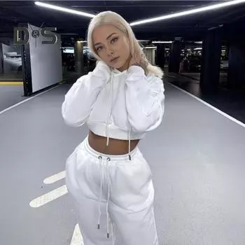 2 шт./компл., женские осенние брюки с капюшоном, комплект с длинным рукавом, толстый короткий топ с капюшоном и эластичной резинкой на талии, свободные спортивные штаны, зимний спортивный костюм, панцирь M кофейный