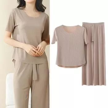 2 шт./компл. женские пижамы бесшовные ледяной шелк с круглым вырезом и коротким рукавом сплошной цвет с эластичной резинкой на талии и широкими штанинами свободные мягкие дышащие домашние комплекты с верхом и брюками L розовый