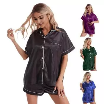 2 шт./компл. женские пижамы однотонные шелковистые лацканы эластичный пояс с короткими рукавами нагрудный карман M красный