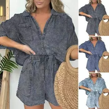 2 шт./компл. женские потертые рубашки и шорты, однобортный топ с лацканами и короткими рукавами, нагрудный карман XL чёрный