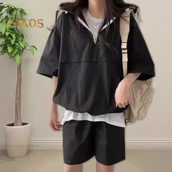 2 шт./компл., женские шорты с капюшоном, комплект с половиной молнии с капюшоном, рукав три четверти, свободный топ с большим карманом, эластичный пояс, короткие штаны, тонкий повседневный спортивный наряд L чёрный