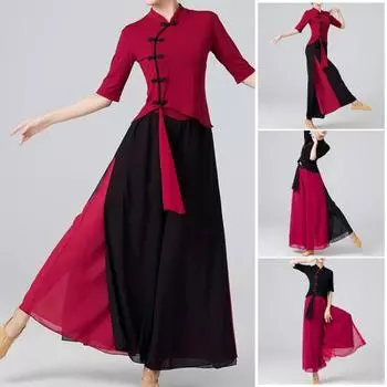 2 шт./компл. женские танцевальные топы с воротником Ципао и короткими рукавами, высокая талия, широкие длинные брюки, цветной классический танцевальный наряд XL красный