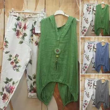 2 шт./компл., женские топы, брюки, комплект, однотонный топ с глубоким V-образным вырезом, повседневная женская блузка без рукавов с цветочным узором, комплект брюк, повседневная одежда M зелёный