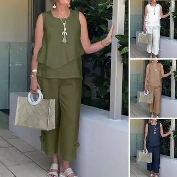 2 шт./компл., женские топы и брюки, комплект без рукавов, удобный, простой, повседневный, для отдыха, с круглым вырезом, однотонный, винтажный, средней длины XL армия зеленый