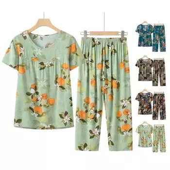 2 шт./компл. женские топы и брюки с цветочным принтом и круглым вырезом, свободные цвета, с коротким рукавом XL синий