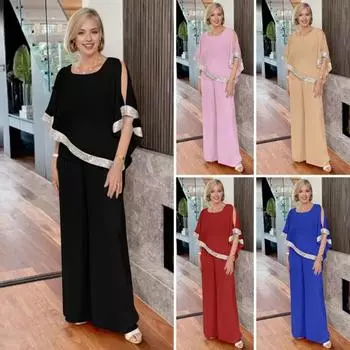 2 шт./компл. женские топы и брюки, комплект с рукавами «летучая мышь» и круглым вырезом, блестящие пайетки, нерегулярная блузка, эластичная M розовый