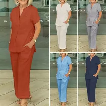 2 шт./компл. женские топы и брюки, комплект с V-образным вырезом, сплошной цвет, футболка с короткими рукавами и пуговицами