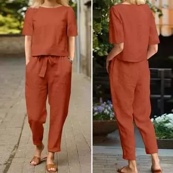 2 шт./компл. женские топы и брюки, комплект с круглым вырезом, однотонная футболка с короткими рукавами на шнуровке S армия зеленый