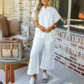 2 шт./компл. женские верхние брюки, комплект с лацканами, V-образным вырезом, короткими рукавами, свободные размеры больших размеров L абрикосовый