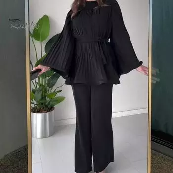 2 шт./компл. женские верхние брюки плиссированные роговые рукава на шнуровке с бантом узкая талия большой подол блузка с круглым вырезом широкие брюки однотонные брюки OL для поездок на работу за покупками S белый