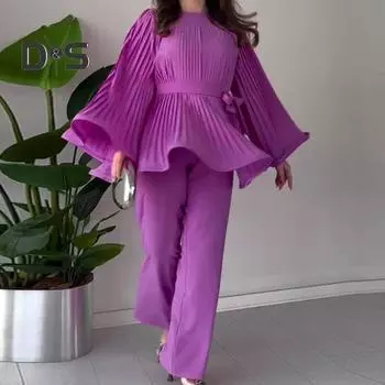 2 шт./компл. женские верхние брюки плиссированные роговые рукава на шнуровке с бантом узкая талия большой подол блузка с круглым вырезом широкие брюки однотонные брюки OL для поездок на работу за покупками S белый