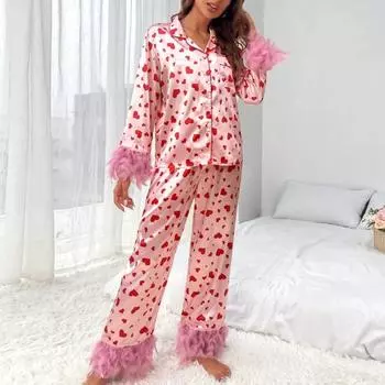 2 шт./компл., женские весенне-осенние пижамы, однобортные, с длинными рукавами, свободные лацканы, с принтом в виде сердца, пушистый декор из перьев, карман, широкие штанины, эластичная талия S розовый