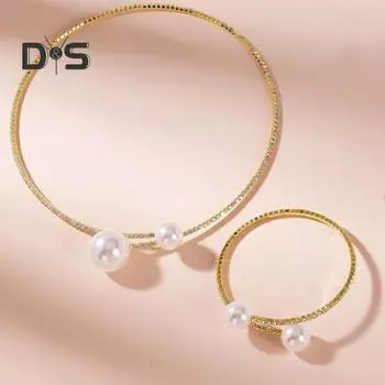 2 шт./компл., женский элегантный комплект ювелирных изделий, блестящие стразы, искусственный жемчуг, регулируемый браслет с открытым воротником, ожерелье серебряный