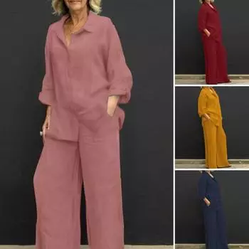 2 шт./компл. женский элегантный костюм из хлопка и льна, стильный повседневный костюм с длинными рукавами, весна-осень, поставка 2XL темно-синий