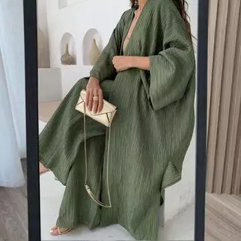 2 шт./компл. женский кардиган, брюки, костюм с длинным рукавом, свободный плиссированный топ, широкие брюки, высокая эластичная талия, карманы, брюки, повседневное повседневное пальто, комплект брюк S хаки