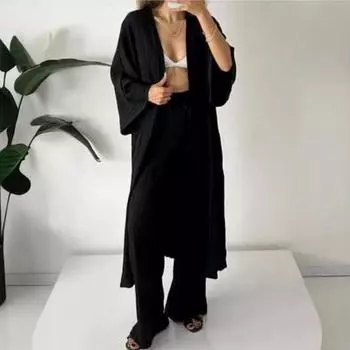2 шт./компл., женский кардиган, брюки, костюм с длинным рукавом, свободный плиссированный топ, широкие брюки, высокие эластичные карманы на талии, однотонные брюки, повседневное повседневное пальто, брюки S хаки