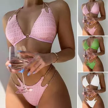 2 шт./компл. женский комплект бикини, однотонный декор, полый цвет, цепочка с лямкой на шее, кружево S белый