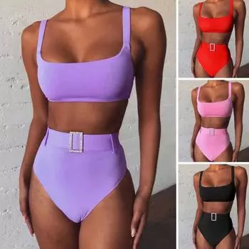 2 шт./компл. женский комплект бикини с высокой талией и низкой талией, без рукавов, однотонный, для плавания L красный