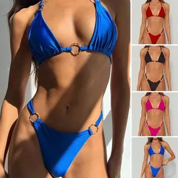 2 шт./компл. женский комплект бикини с тремя точками талии, низким вырезом, стрингами, высокой бретелькой на шее, однотонным для плавания S синий