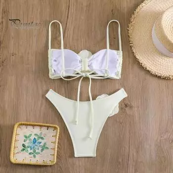 2 шт./компл. женский комплект бикини с открытыми плечами на шнуровке с искусственным цветочным декором, соответствующий цвету в стиле пэчворк, мягкие съемные подушечки, беспроводная женская пляжная одежда, купальный костюм S чёрный