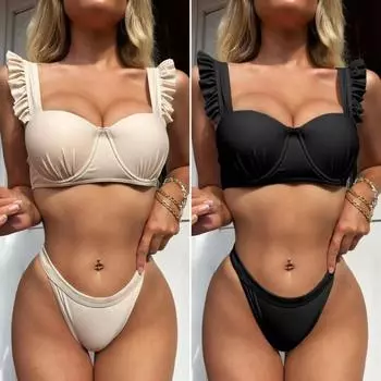 2 шт./компл. женский комплект бикини с подкладкой из проволоки, однотонный гофрирующий купальник для плавания L чёрный
