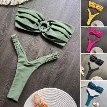 2 шт./компл. женский комплект бикини сексуальный плиссированный однотонный бюстгальтер бандо с высокой талией плавки комплект пляжный купальник S зелёный
