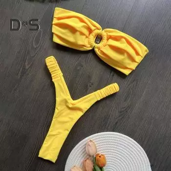 2 шт./компл. женский комплект бикини сексуальный плиссированный однотонный бюстгальтер бандо с высокой талией плавки комплект пляжный купальник S розы красного