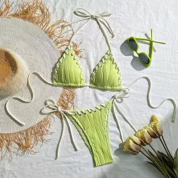 2 шт./компл. женский комплект бикини сексуальный плиссированный пэчворк цветной бюстгальтер с завязками на шее высокая талия плавание S светло-зеленый