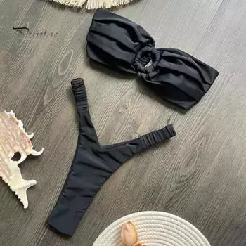 2 шт./компл. женский комплект бикини сексуальный плиссированный однотонный бюстгальтер бандо с высокой талией плавки комплект пляжный купальник S чёрный
