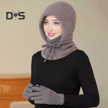 2 шт./компл. женский комплект из шапки и перчаток, однотонная плюшевая подкладка, вязаная шапка-бини с защитой лица, головной убор, комплект из перчаток для вязания Sets фиолетовый/розовый