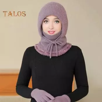 2 шт./компл. женский комплект из шапки и перчаток, однотонная плюшевая подкладка, вязаная шапка-бини с защитой лица, головной убор, комплект из перчаток для вязания Sets фиолетовый/розовый