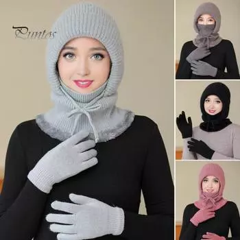 2 шт./компл. женский комплект из шапки и перчаток, однотонная плюшевая подкладка, вязаная шапка-бини с защитой лица, головной убор, комплект из перчаток для вязания Sets вино красного