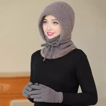 2 шт./компл. женский комплект из шапки и перчаток, однотонная плюшевая подкладка, вязаная шапка-бини с защитой лица, головной убор, комплект из перчаток для вязания Sets