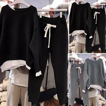 2 шт./компл., женский комплект из толстовки и брюк, комплект из двух предметов, свободный эластичный пояс с круглым вырезом, однотонный теплый шнурок M серый