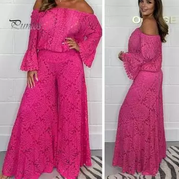 2 шт./компл., женский комплект из топа и брюк, ажурная кружевная блузка с открытыми плечами, свободная блузка с длинным рукавом, цветочный узор, высокая талия, широкие брюки с эластичной резинкой на талии, женские брюки XL слоновая кость