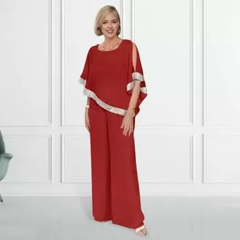 2 шт./компл., женский комплект из топа и брюк, с рукавами «летучая мышь», с круглым вырезом, блестящая блузка с блестками, нерегулярная блузка с эластичной резинкой на талии, широкие брюки, повседневная одежда, повседневная одежда M розовый