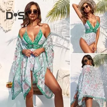 2 шт./компл. женский комплект монокини-кардигана с цветочным принтом, глубокий V-образный вырез, спагетти-ремень, накидка с длинными рукавами, высокая талия, мягкий быстросохнущий бюстгальтер на шнуровке, купальник M зелёный