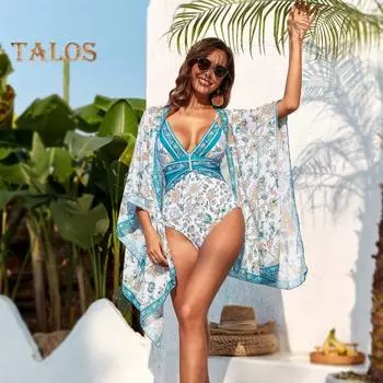 2 шт./компл. женский комплект монокини-кардигана с цветочным принтом, глубокий V-образный вырез, спагетти-ремень, накидка с длинными рукавами, высокая талия, мягкий быстросохнущий бюстгальтер на шнуровке, купальник M зелёный