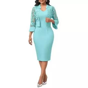 2 шт./компл., женский комплект пальто, платье, прозрачный кружевной кардиган, облегающий комплект с вышивкой, V-образным вырезом, рукавами три четверти, длиной до колена, формальный комплект повседневного платья 2XL зелёный