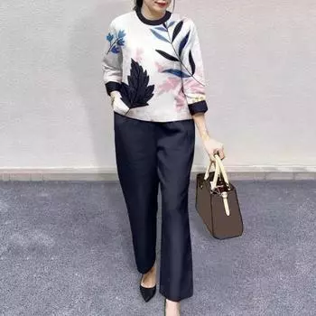 2 шт./компл. женский комплект плюс размер шеи длинная круглая футболка с цветочным принтом брюки широкий топ с рукавами L розовый