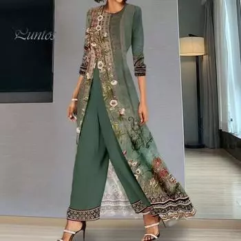 2 шт./компл., женский комплект с длинным верхом и брюками, комплект в стиле ретро с цветочным принтом, разделенный подол, рукава три четверти, широкие брюки, шея, глубокая промежность, вечерние брюки для выпускного вечера M зелёный