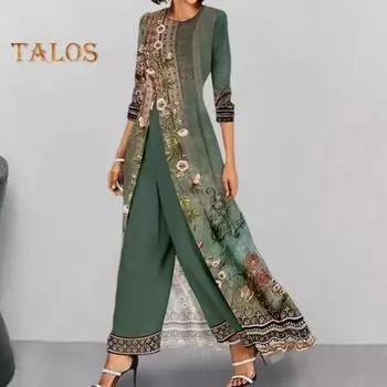 2 шт./компл., женский комплект с длинным верхом и брюками, комплект в стиле ретро с цветочным принтом, разделенный подол, рукава три четверти, широкие брюки, шея, глубокая промежность, вечерние брюки для выпускного вечера 3XL зелёный