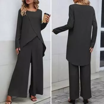 2 шт./компл. женский комплект с круглым вырезом и подолом, блузка с длинными рукавами, нерегулярные верхние брюки, эластичная талия, свободные XL темно-зеленого