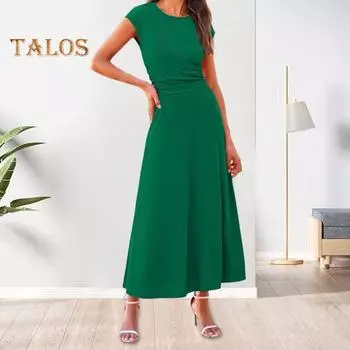 2 шт./компл., женский комплект с верхней юбкой, трикотажные летящие рукава, сплошной цвет, эластичный круглый вырез с высокой талией, повседневная плиссированная трапециевидная юбка длиной до щиколотки, OL Commute L зелёный