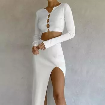 2 шт./компл. женский комплект с верхней юбкой, однотонный комплект с узкой талией и V-образным вырезом, ажурное платье с высоким разрезом M белый
