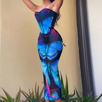 2 шт./компл., женский комплект с верхней юбкой, облегающий обтягивающий цветной комплект до середины икры, тонкая спинка с изображением животных, без рукавов с принтом бабочки S синий