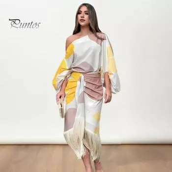 2 шт./компл., женский комплект с верхней юбкой на одно плечо, с длинными рукавами-фонариками, в тон, с кисточками, с высокой талией, свободная мешковатая OL, комплект с блузкой-миди, юбка S бежевый