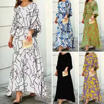 2 шт./компл., женский комплект с верхней юбкой, контрастный цветной принт, рукав три четверти, свободный круглый вырез, высокая талия, длина до щиколотки, мягкая женская осенне-весенняя одежда 2XL чёрный