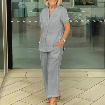 2 шт./компл., женский комплект с верхними брюками и V-образным вырезом, сплошной цвет, с короткими рукавами, декором на пуговицах, футболка с эластичной резинкой на талии, широкие брюки, повседневный комплект брюк больших размеров L серый